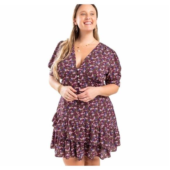 Mi Ami floral NWT 2X purple floral dress button front ruffles plus size dresses - Picture 1 of 8